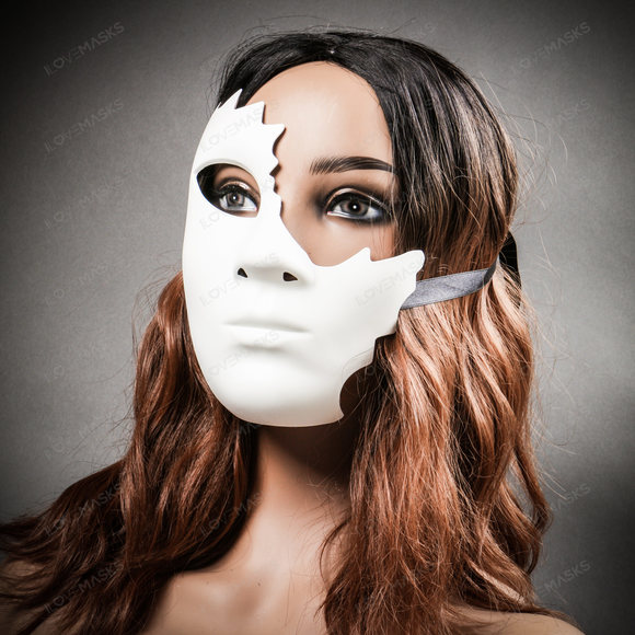 Unpainted Half Face Cracked Phantom Masquerade Mask - White - Picture 9 of 10